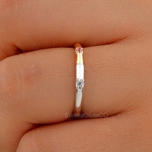 Dainty Two Tone Minimalist Ring, Moissanite Wedding Band, Unique Micro Pave Ring For Her, Round Diamond Stacking Ring, Bridal Matching Bands