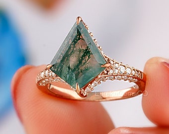 Moss Agate Ring, Unique Kite Cut Green Moss Agate Ring, Vintage Rose Gold Wedding Ring, Handmade Affordable Bridal Ring, Pave Set Women Ring