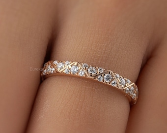 Micro Pave Moissanite Band, Vintage Diamond Full Eternity Band, Anniversary Thin Wedding Band, 18K Solid Gold Stackable Ring, Art Deco Ring