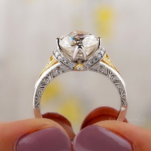 Art Deco Style Engagement Ring, Old European Cut Vintage Ring, Handmade Ring, 14K Solid Gold Wedding Ring, Two Tone Edwardian Ring For Women