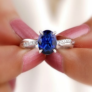 Oval Cut Sapphire Engagement Ring, Blue Solitaire Wedding Ring, September Birthstone Ring, Pave Setting Ring, Single Stone Ring for Womens