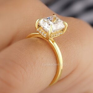 Elongated Cushion Cut Moissanite Ring, Hidden Halo Crushed Ice Wedding Ring, Solitaire Engagement Ring, 14K Yellow Gold Anniversary Ring