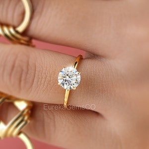 Solitaire Ring, Classic Round Cut Wedding Ring, Dainty Moissanite Engagement Ring, 10K Solid Gold Anniversary Ring, 4 Prong Set Ring For Her