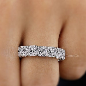 Radiant Cut Moissanite Wedding Band, 14K White Gold Stackable Band, Antique Full Eternity Band, Anniversary Gift For Wife Women Diamond Ring