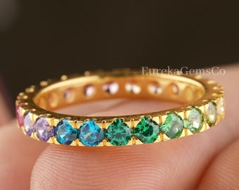 Multi Colored Gemstone Unique Rainbow Ring, Rainbow Eternity Gold