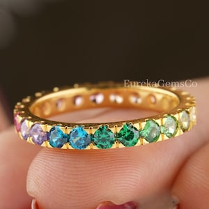 Multi Colored Gemstone Unique Rainbow Ring, Rainbow Eternity Gold Ring, Antique Gradient Ombre Rainbow Band, Stacking Matching Wedding Band