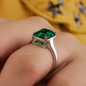 Emerald Cut Lab Created Diamond Ring, Antique Solitaire Engagement Ring, 14K Solid Gold Wedding Ring, Vintage Green Gemstone Ring For Women