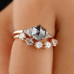 Hexagon Diamond Triangle Moissanite Ring Set, Salt and Pepper Diamond Ring, Unique Bridal Ring Set Rose Cut Geometric Handmade Diamond Ring