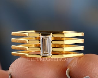 Anillo solitario de moissanita baguette, anillo minimalista de oro de 14 quilates, anillo de diseño geométrico, anillo de compromiso hexagonal, anillo multibanda para mujer
