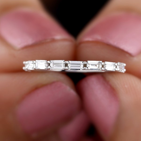 Platina alliansring, unik baguette diamantring, moissanit vigselring för kvinnor, brudlöftegåva till henne, 14k vitguldring