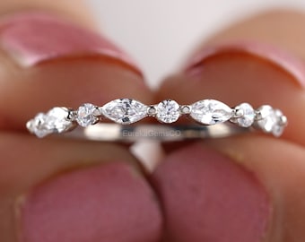 Vintage Half Eternity Rose Gold Diamond wedding Band, Marquise cut Moissanite band Unique Bridal Matching Stacking band Anniversary Gift