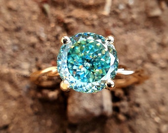Antique 2.60 CTW Round Portuguese Cut Cyan Blue Moissanite Engagement Ring, Aqua Green Moissanite Ring, Wedding Ring, Anniversary Gift Ring