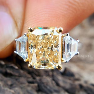 Canary Yellow Moissanite Ring, Three Stone Engagement Ring, Fancy Yellow Diamond Wedding Ring, 14K Gold Radiant Cut Anniversary Promise Ring