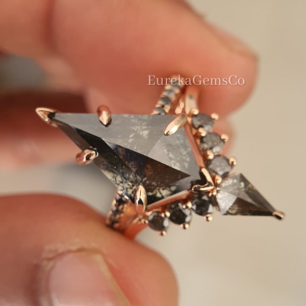 Galaxy Raw Salt And Pepper Diamond Ring Set, Black Kite Engagement Ring Set, 14K Solid Gold Anniversary Ring, Art Deco Moissanite Ring Gift