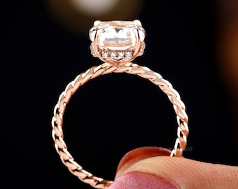 Cushion Cut Moissanite Ring, 14K Rose Gold Hidden Halo Ring, Unique Twisted Engagement Ring, Cushion Solitaire Bridal Promise Ring For Women