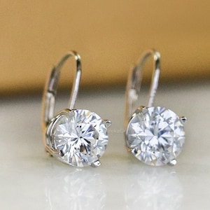 Moissanite Lever back Earrings, Silver Drop Dangle Earrings, Round Moissanite Drop Earrings, Silver Solitaire Engagement Earring Unique Gift
