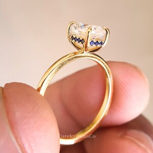 Elongated Cushion Cut Solitaire Moissanite Ring, Blue Sapphire Hidden Halo Ring, 14K Solid Gold Custom Ring, Anniversary Gifts, Promise Ring