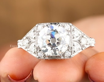 Edwardian Ring, Antique Old European Cut Diamond Ring, Vintage 3.0CT Octagon Cut Moissanite Engagement Ring, Sterling Silver Art Deco Ring