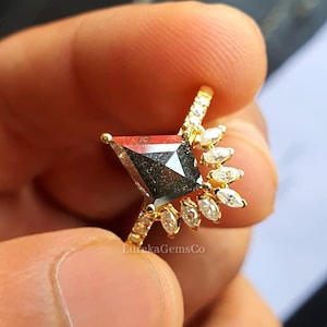 2.30CTW Salt And Pepper Kite Cut Engagement Ring, 14k Solid Gold Ring, Marquise And Round Cut Moissanite Ring, Art Deco Pepper Diamond Ring