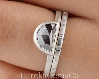 Half Moon Salt And Pepper Diamond Engagement Ring Set, White Gold Ring For Her, Modern Diamond Wedding Ring, Black Diamond Anniversary Rings