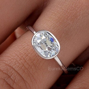 1.50CT Old Mine Cushion Cut Near Colorless Moissanite Wedding Ring, Bezel Set Solitaire Ring East West Engagement Ring Gold Anniversary Gift