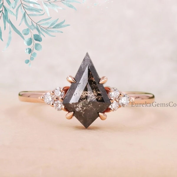 Grey Moissanite Salt And Pepper Diamond Ring, Antique Style Art Deco Ring, Classic Kite Cut Moissanite Engagement Ring, Custom Handmade