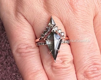 Large Kite Salt and Pepper Diamond Engagement Ring Set, Vintage Moissanite Ring,10K Rose Gold Custom Handmade Ring, Art Deco Bridal Ring Set
