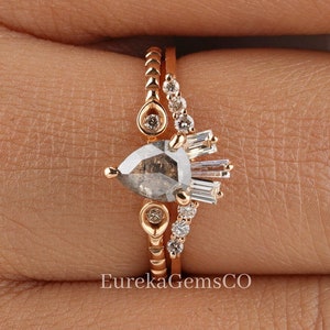 Pear Shaped Salt and Pepper Engagement Ring Set, Antique Diamond Cluster Ring, Vintage Rose Gold Bridal Ring Set, Unique Band For Women