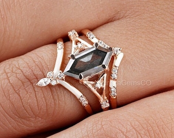 Antique Salt and Pepper Diamond Ring, Hexagon Salt and Pepper Engagement Ring, Anniversary Wedding For Woman, personalized gifts for mom