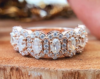 14K Gold Oval Halo Moissanite Wedding Band, Oval Eternity Band, Classic Oval Moissanite Ring, Anniversary Band Ring, Stacking Band For Women