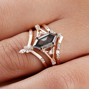 Antique Salt and Pepper Diamond Ring, Hexagon Salt and Pepper Engagement Ring, Anniversary Wedding For Woman, personalized gifts for mom