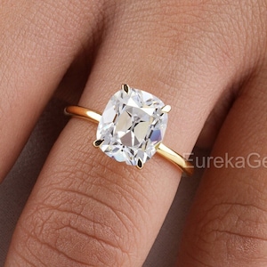 Old Mine Cushion Cut Moissanite Ring, Solitaire Engagement Ring, Yellow Gold Tiny Ring, Vintage Single Diamond Ring, Wedding Ring For Women