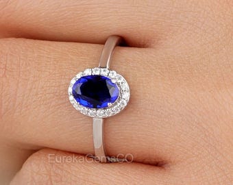 Halo Sapphire Ring, Oval Cut Gold Wedding Ring, Blue Sapphire Bridal Ring, Halo Oval Engagement Ring, Blue Diamond Ring, Solitaire Ring Gift