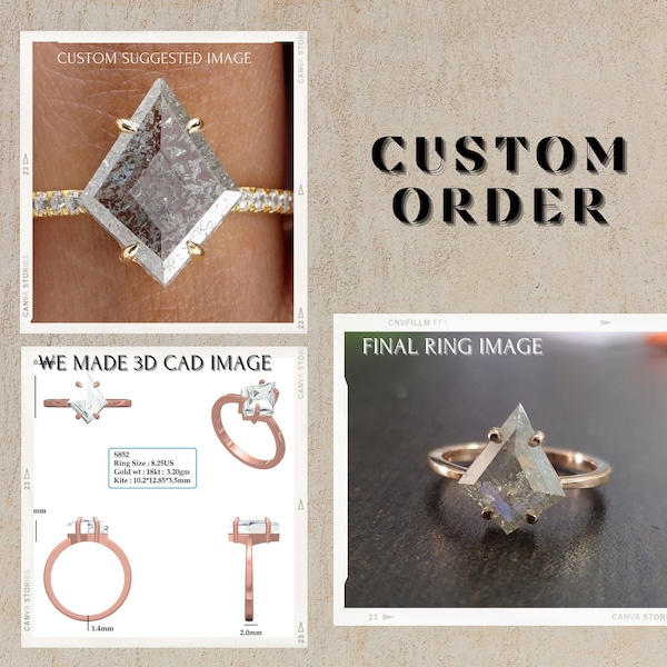 2.13CTW Classic Kite Cut Salt And Pepper Diamond Engagement Ring, Solitaire Diamond Wedding Ring, Vintage Gold Ring, Custom Rings For Women