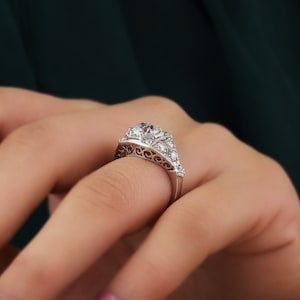 Art Deco Vintage Ring, Old European Cut Diamond Engagement Ring, Solid White Gold Cluster Wedding Ring, Edwardian Style Promise Ring For Her