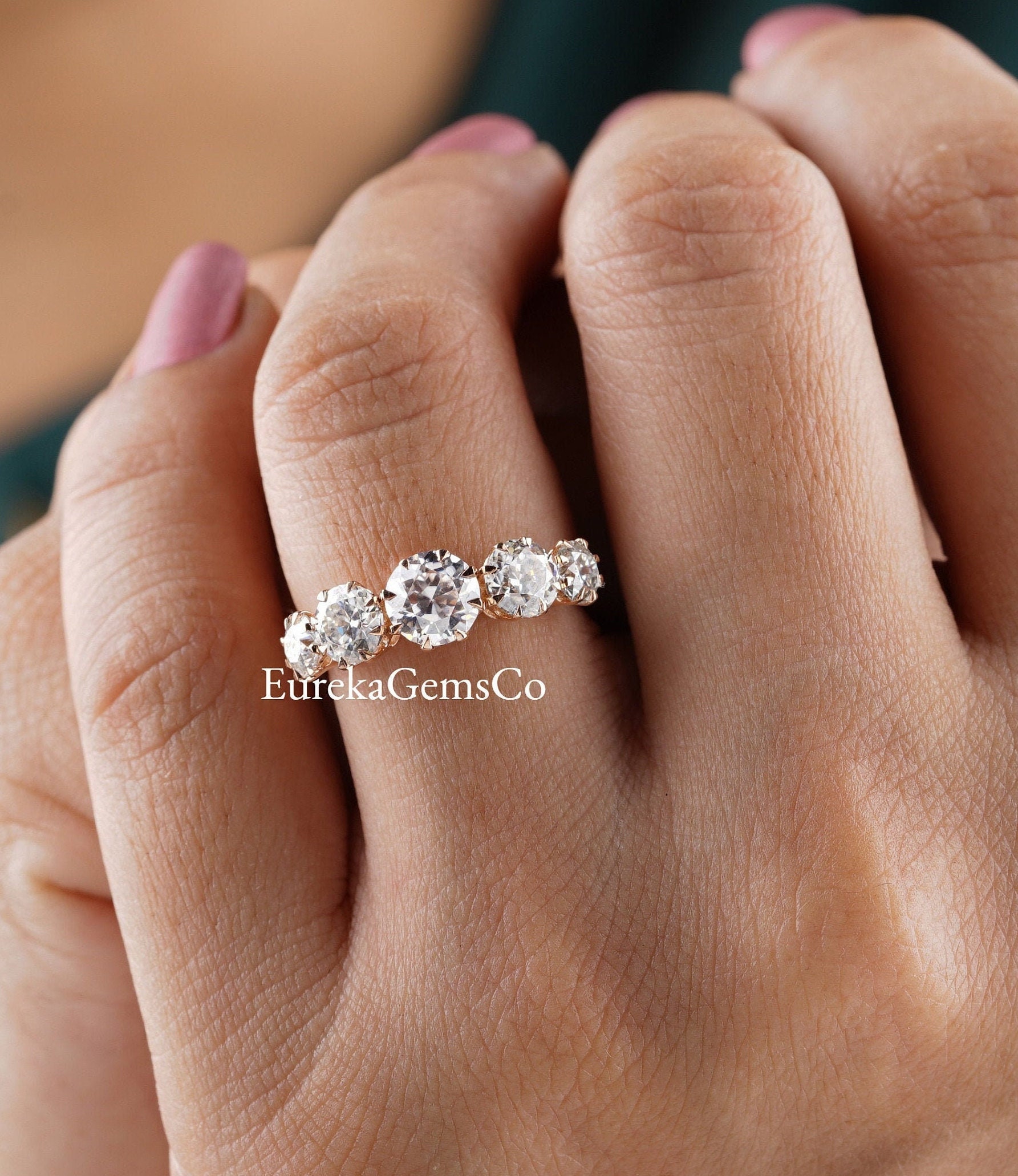 Unique 5 Stone Diamond Wedding Band Mismatched Stacked Band