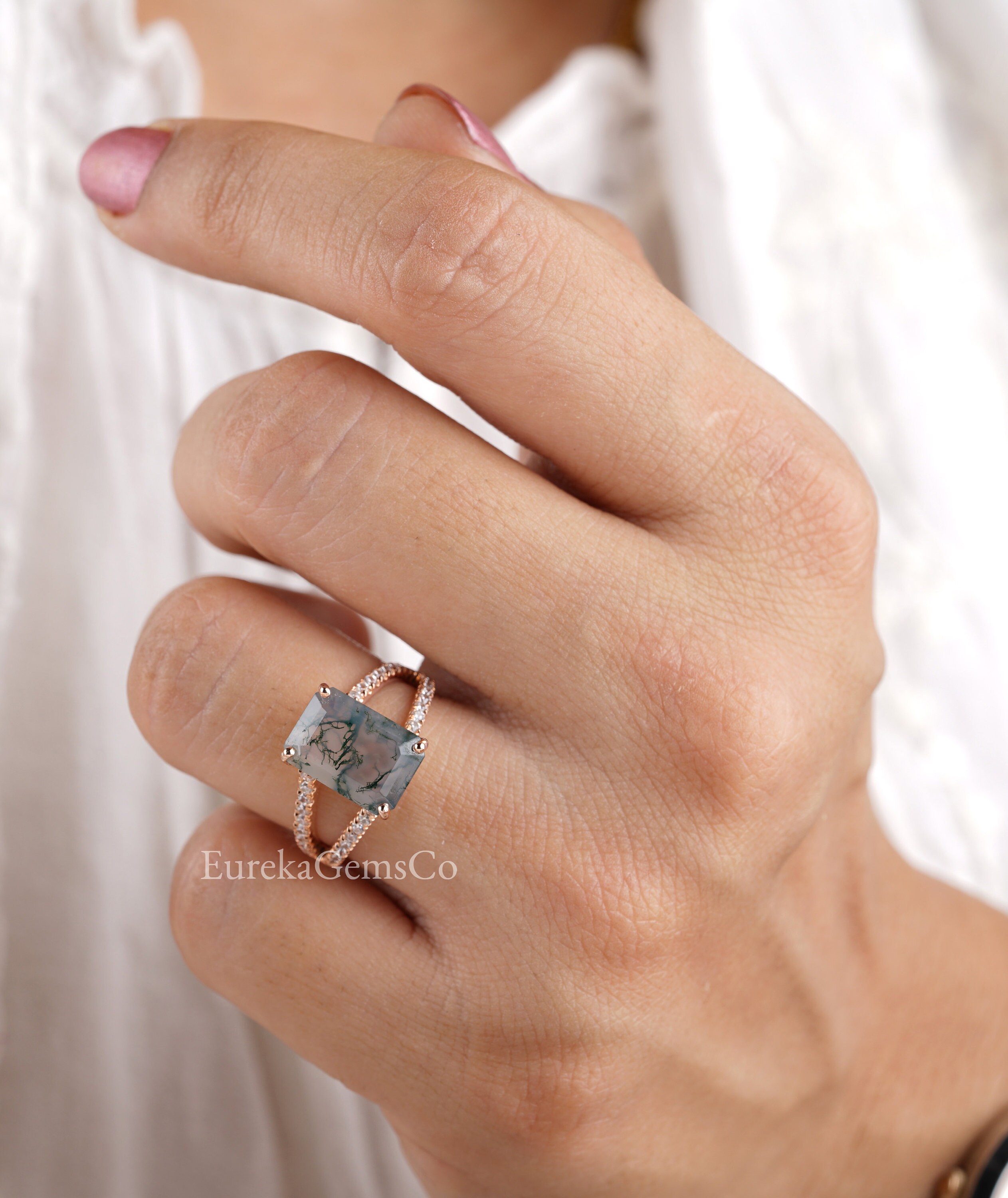 Moss Agate Ring11.5x8 Emerald Cut Faceted Moss Agate Ring | Etsy