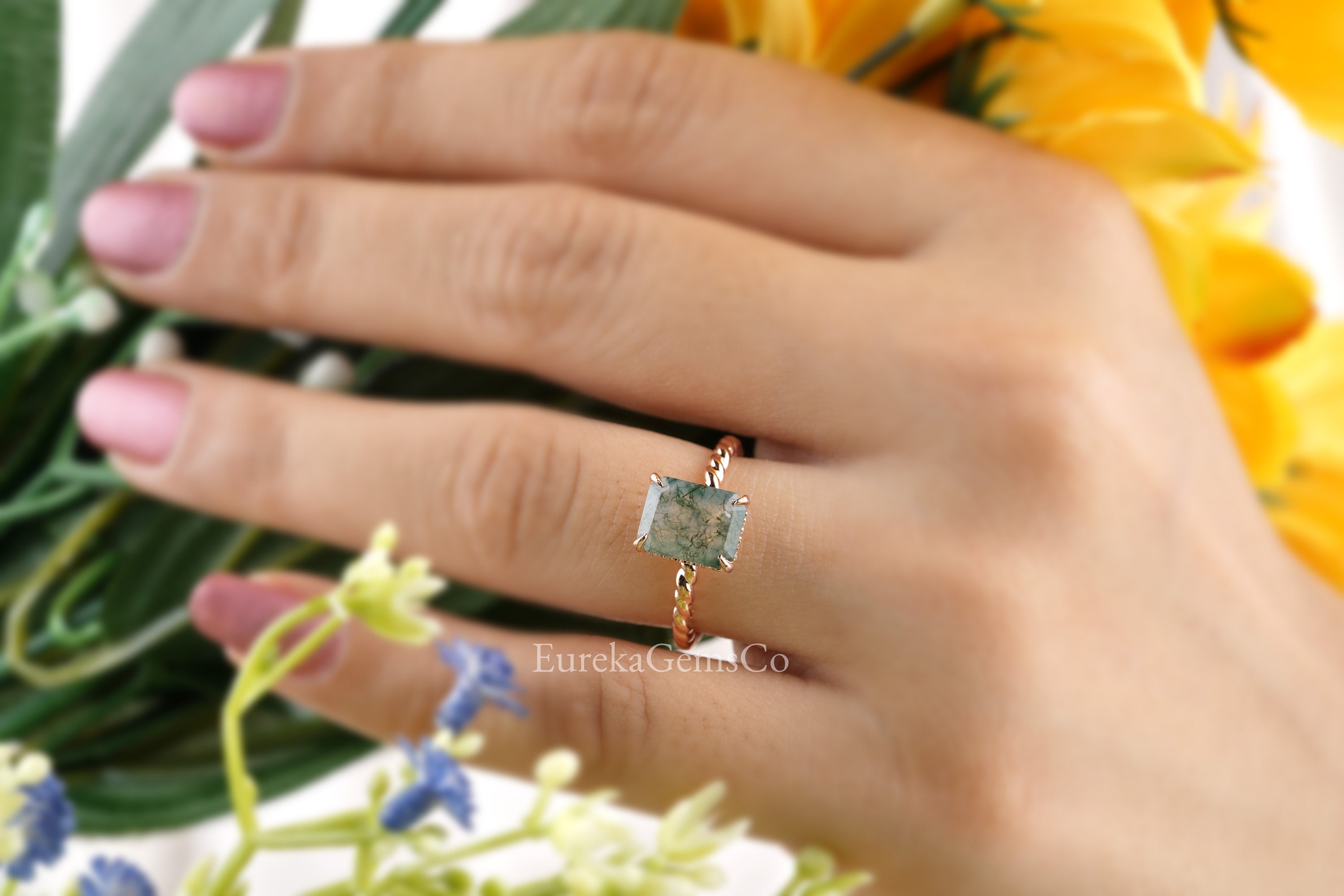 Moss Agate Ring 9x7 Emerald Cut Faceted Moss Agate Ring Moss | Etsy