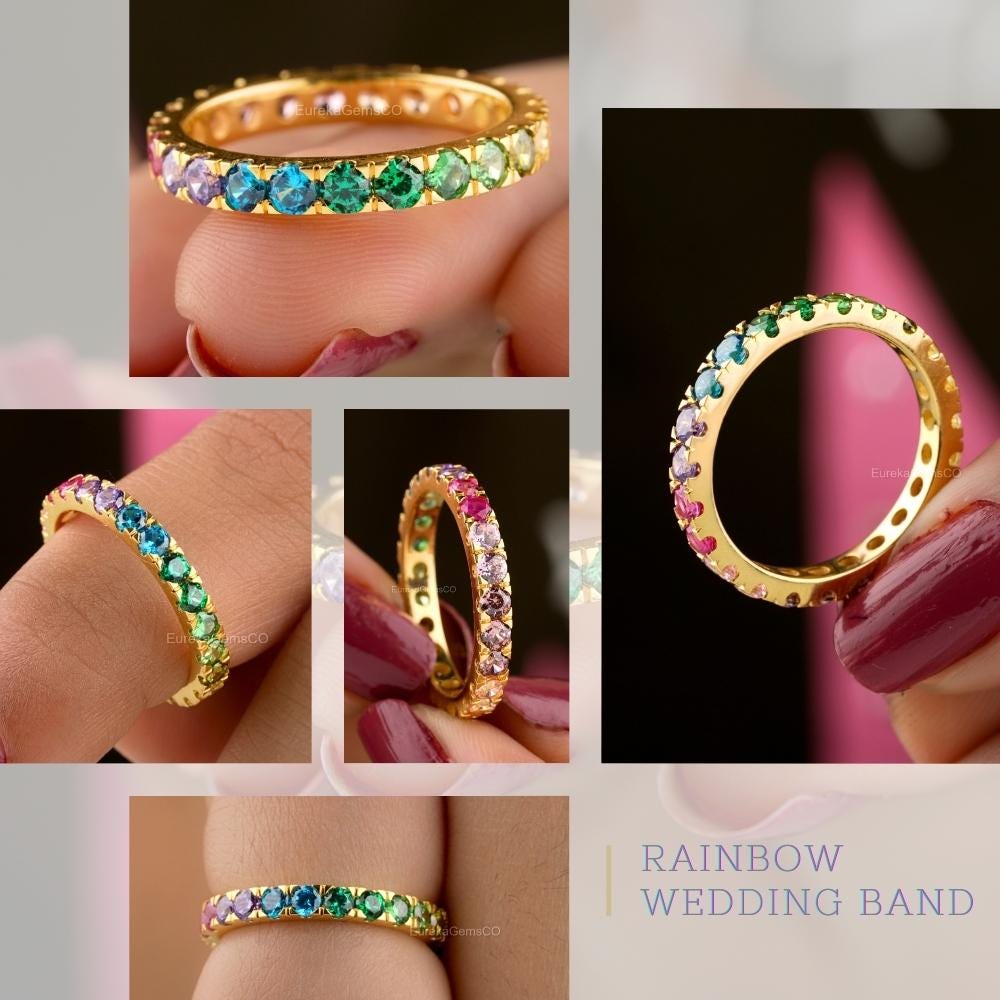 Multi Colored Gemstone Unique Rainbow Ring, Rainbow Eternity Gold