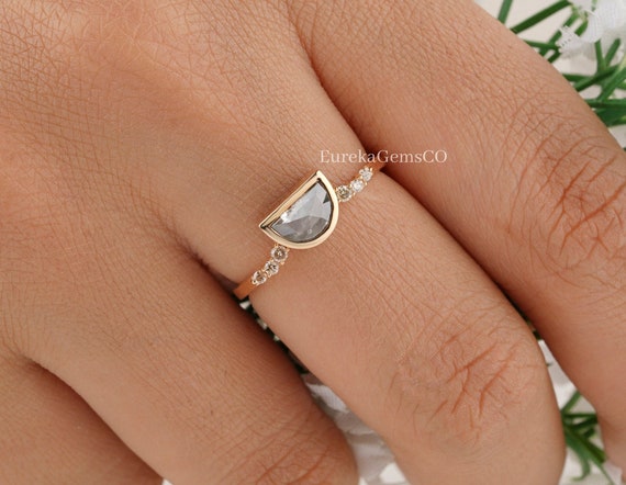 Antique Half Moon Shape Moissanite Ring 14K Rose Gold Salt and