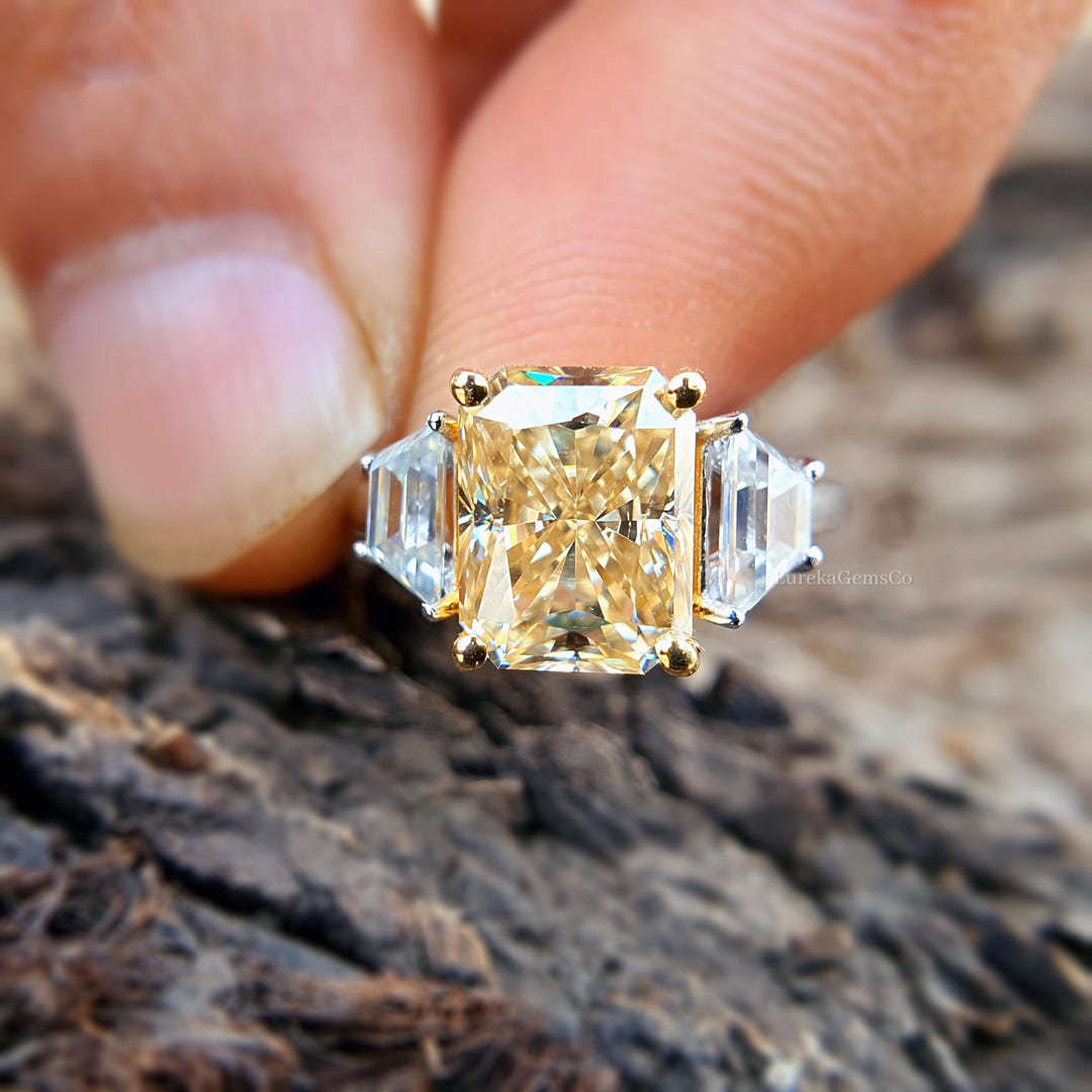 Canary Yellow Moissanite Ring, Three Stone Engagement Ring, Fancy