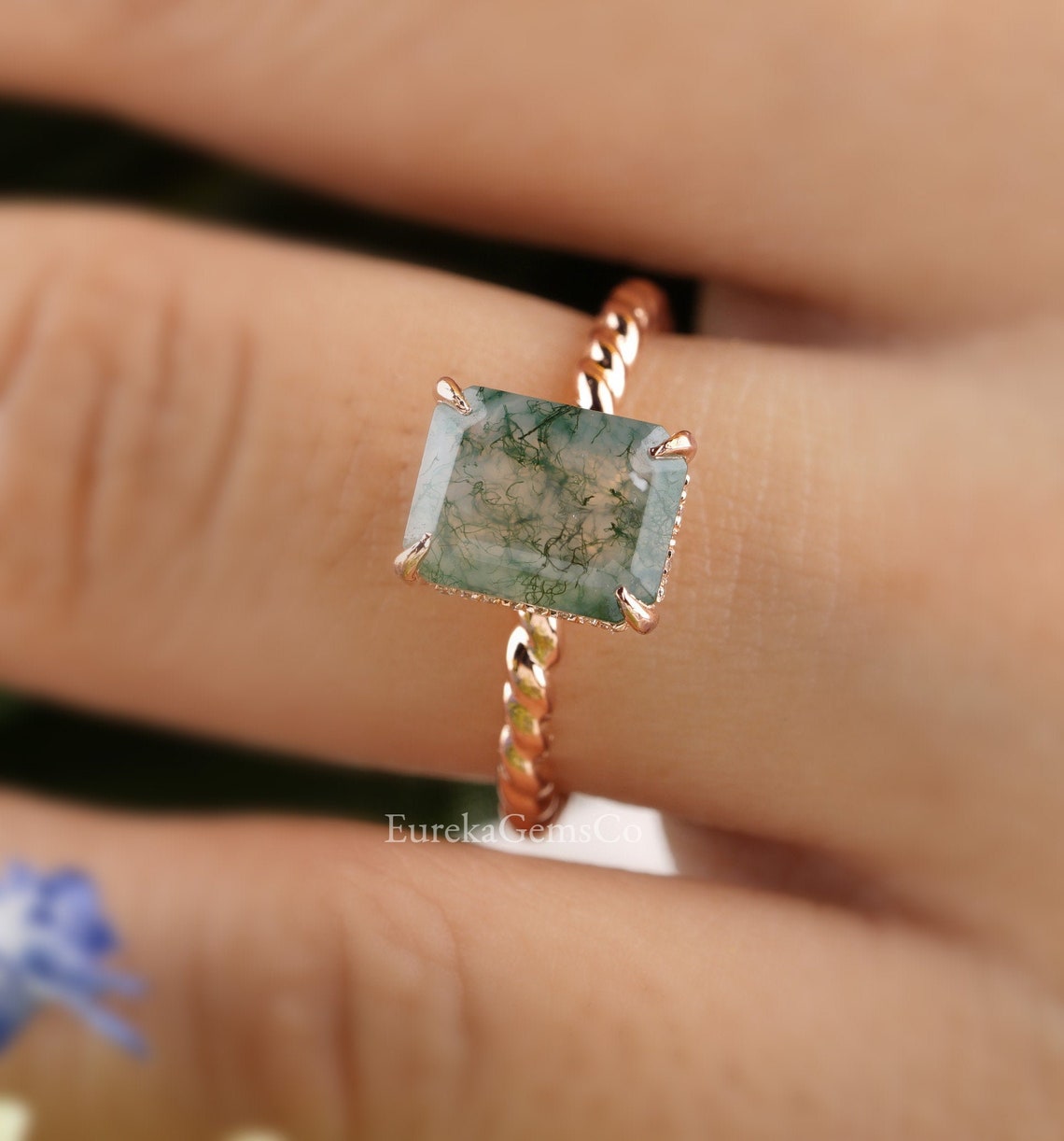 Moss Agate Ring 9x7 Emerald Cut Faceted Moss Agate Ring Moss | Etsy