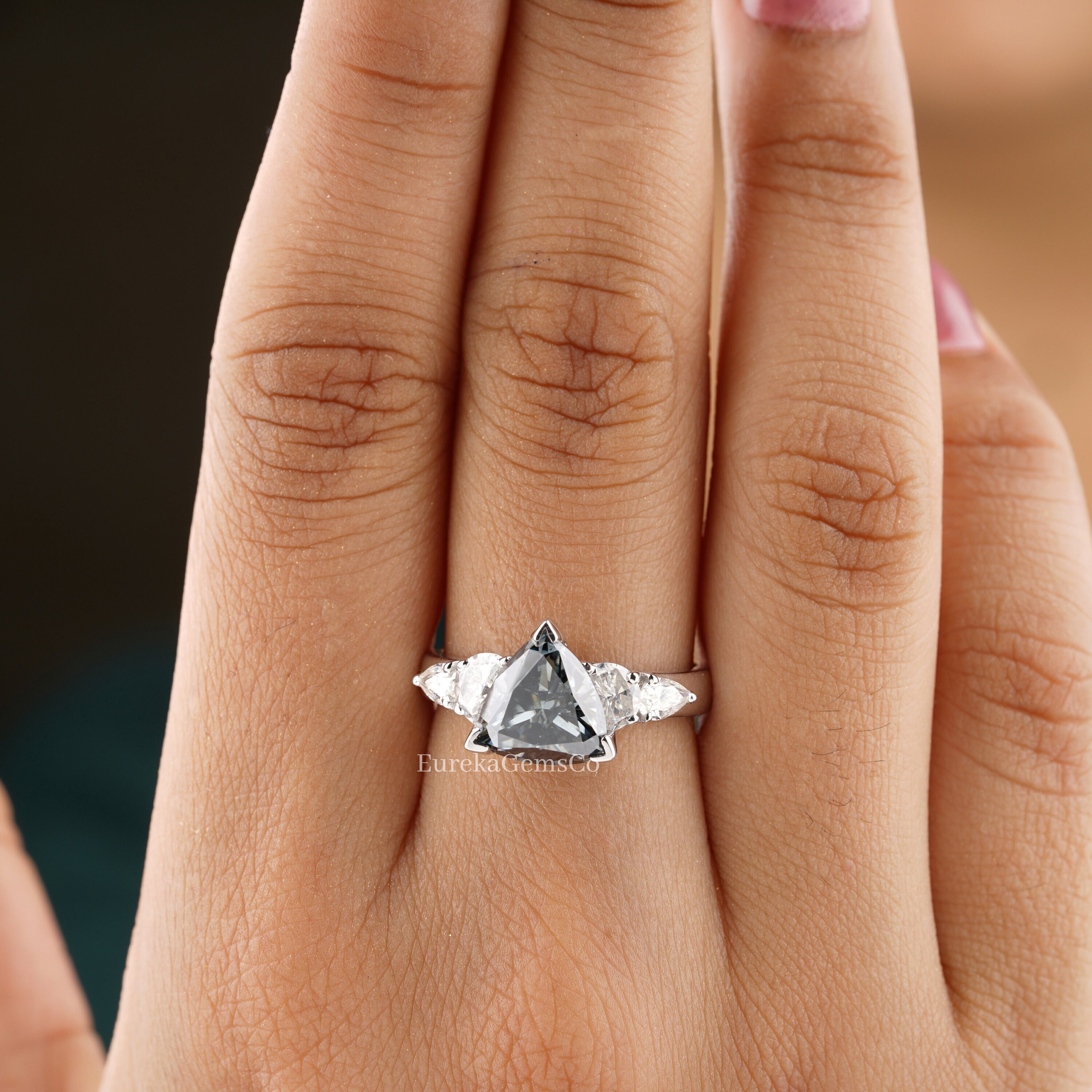 10K White Gold Grey Salt and Pepper Diamond Ring, Classic Trillion Cut Moissanite Engagement Rings, Side Stone Custom Proposal Ring for Her