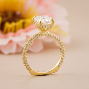 2ct Elongated Cushion Cut Moissanite Engagement Ring, Hidden Pave Set Wedding Ring, 14k Solid Yellow Gold Wide European Shank Band for Women