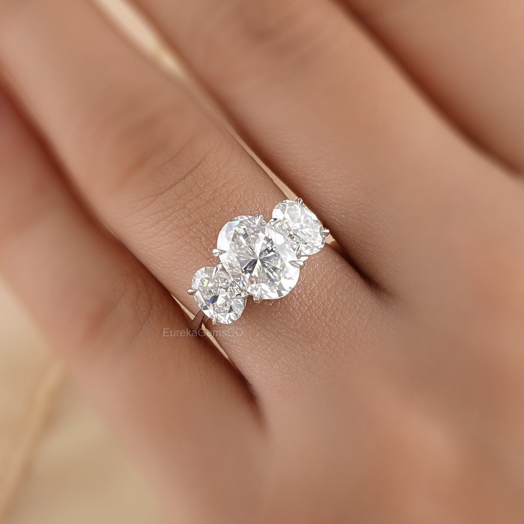 Three Stone Oval Cut Moissanite Engagement Ring, White Gold Ring for ...