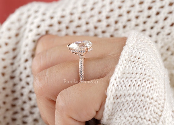 Pear Cut Moissanite Solitaire Engagement Ring Hidden Halo Diamond