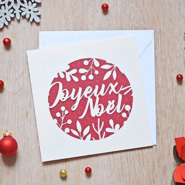 Carte Joyeux Noël, carte postale, carte double en papier découpé, pailleté, avec enveloppe