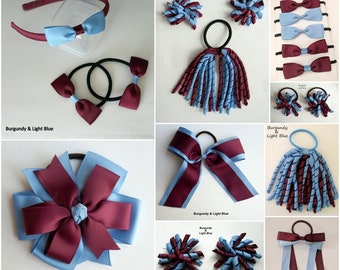 Light BLUE & BURGUNDY Maroon School Hair Accessories bows clips elastics ribbon headband hairtie bowclip hairclips hairband