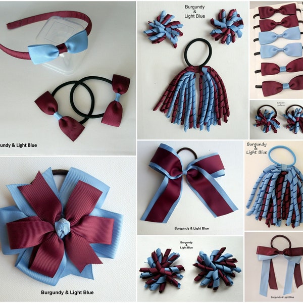 Light BLUE & BURGUNDY Maroon School Hair Accessories bows clips elastics ribbon headband hairtie bowclip hairclips hairband