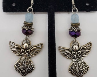 Angel Dangle Earrings, Light Blue & Purple Glass Beads, Religious Jewelry